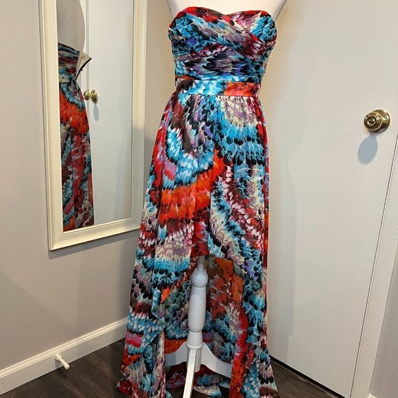 Aidan Mattox Hi Low Feather print strapless chiffon gown, Size 0 - Picture 2 of 15